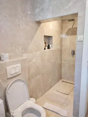 a bathroom with a toilet and a shower at Studios Merdović in Budva