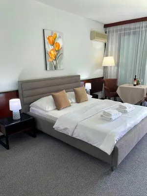 a hotel room with a large bed and a table at CORPUS A - Hotel Albatros in Ulcinj
