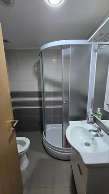 a bathroom with a shower and a sink and a toilet at Stan apartman Lana Budva in Budva