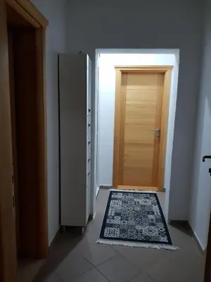 a hallway with a door and a rug in a room at Apartmani MINA in Bar