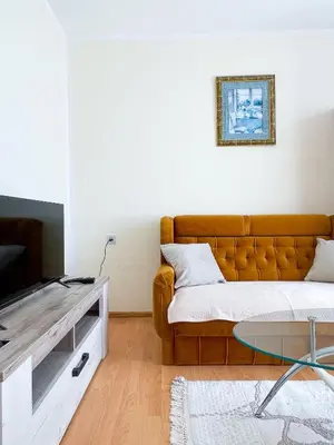 a living room with a couch and a tv at Apartman 200 in Ulcinj