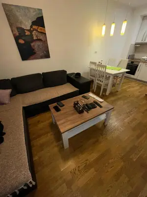 a living room with a couch and a coffee table at Laura apartment City kvart in Podgorica