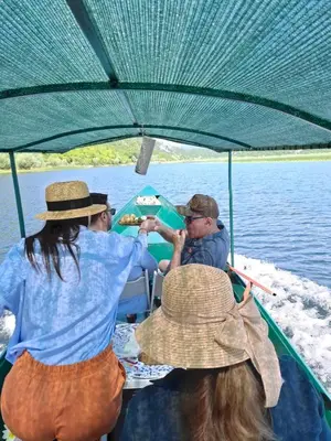 a group of people eating food on a boat on the water at Apartment Dapcevic Skadar lake in Vranjina