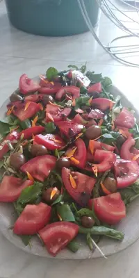 a plate with a salad on a table at Apartments Nikola in Bar