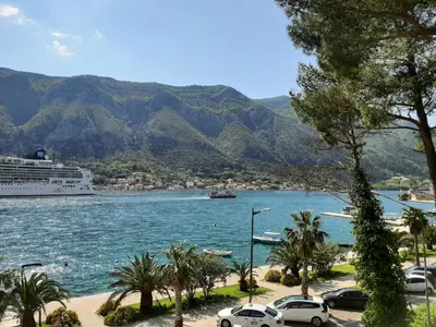 a cruise ship on the water with mountains in the background at Luxury flat with amazing view INES in Kotor