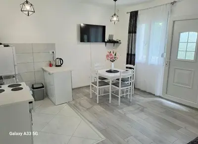 a kitchen with a table and chairs and a refrigerator at Apartment Marina 2 in Kotor
