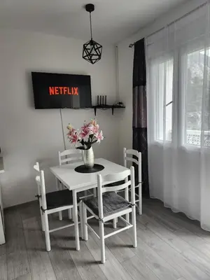 a white table and chairs with a vase of flowers on it at Apartment Marina 2 in Kotor