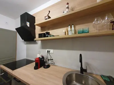 a kitchen with a counter top with a sink and a counter sidx sidx at Apartman Pontica in Kotor