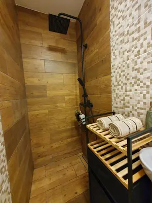 a bathroom with a shower with a wooden wall at Apartman Pontica in Kotor