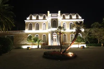 a large building with a palm tree in front of it at Rooms & Apartments Anka in Bar