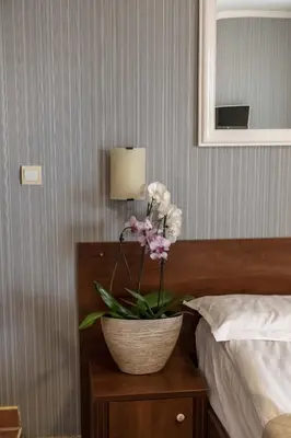 a vase of flowers on a table next to a bed at Mali Hotel Porat in Budva
