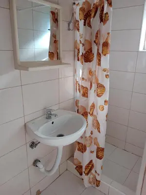a bathroom with a sink and a shower curtain at Studio apartmani Dream Iv in Bar, Susanj