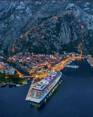 an aerial view of a cruise ship in a harbor at Studio Apartment Silva in Kotor