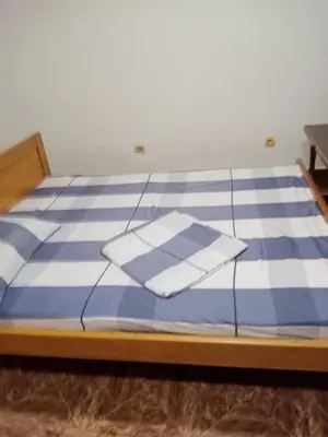 a blue and white bed in a room at Apartments Mušović in Bar