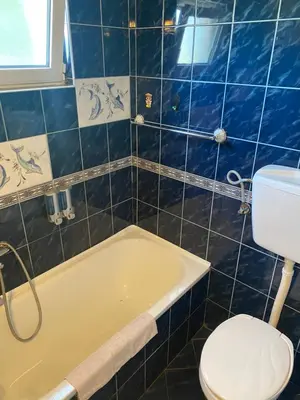 a blue tiled bathroom with a toilet and a tub at Skadar Lake Apartment -Karolina in Vranjina