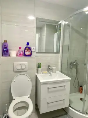 a bathroom with a toilet and a sink and a shower at Jelena apartment Bar in Bar