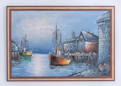 a painting of a harbor with boats in the water at S&P City Center Apartments in Kotor