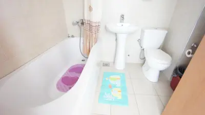 a bathroom with a tub and a toilet and a rug at Petrovac Bay Apartments in Petrovac na Moru
