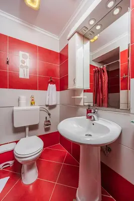 a red and white bathroom with a toilet and a sink at Adzic Apartments in Budva