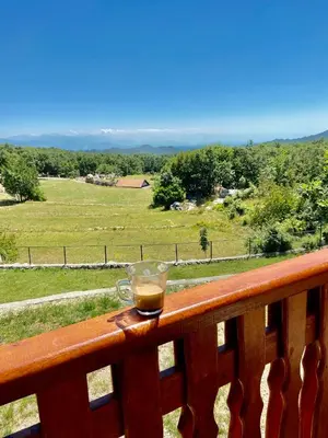 a cup of coffee sitting on the railing of a balcony at Mountain Village House in Cetinje