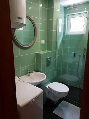 a green bathroom with a toilet and a sink at Apartment Skada in Sveti Stefan