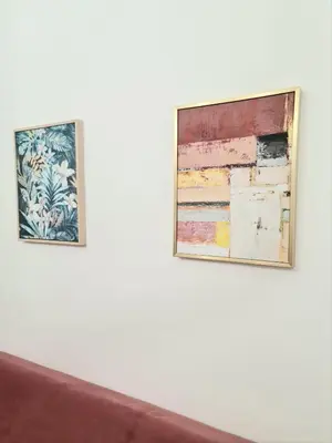 two pieces of art on a white wall at Apartman GD in Budva