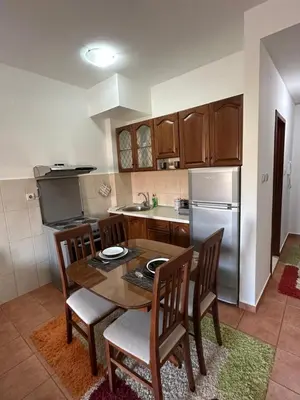 a kitchen with a table and chairs and a refrigerator at Bella Apartman in Podgorica