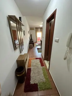 a room with a hallway with a rug on the floor at Bella Apartman in Podgorica