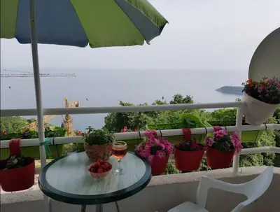 a table with a glass of wine and flowers on a balcony at The rising sun-Stylish Sea View Apartment in Budva