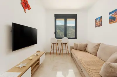 a living room with a couch and a flat screen tv at DM Apartments in Kotor