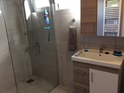 a bathroom with a shower and a sink at Lapčiči View in Budva
