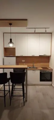 a kitchen with a table and chairs and a sink at Biser Apartmani in Podgorica