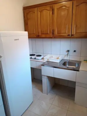 a kitchen with a white refrigerator and a sink at TLM Apartments in Budva