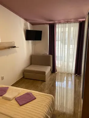 a hotel room with a bed and a couch and a television at Apartmani Resetar in Sutomore