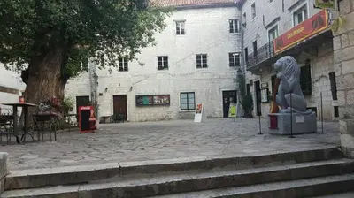 a statue on a street in front of a building at Centar Starog Grada in Kotor