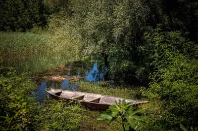 a boat sitting on the side of a river at Boljesestre Lake retreat in Golubovci