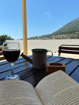 a glass of wine and an open book on a table at Old house7 in Bar