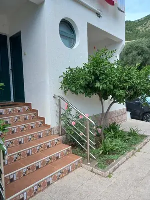a set of stairs with a tree in front of a house at Apartman Maja in Sveti Stefan