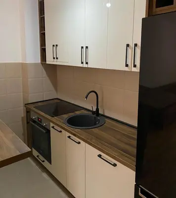 a kitchen with a sink and a black refrigerator at RB De lux apartment in Podgorica