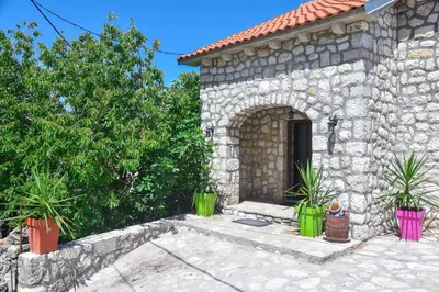 a stone house with potted plants in front of a door at Holiday Home Dapcevic in Budva