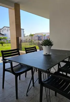 a black table with chairs and a potted plant on it at Lira Suites in Donji Štoj