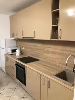 a kitchen with a sink and a microwave at Apartmani Lime in Petrovac na Moru