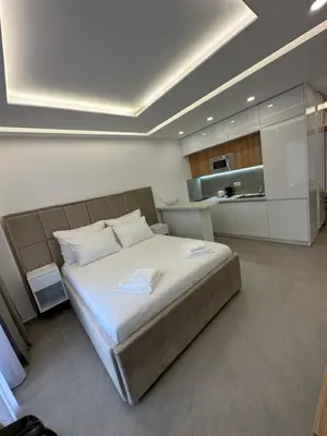 a bedroom with a large bed and a kitchen at Studio Apartman Dalia in Budva