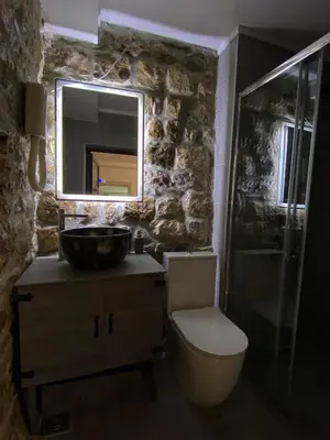 a bathroom with a sink and a toilet and a mirror at Fimas Residence in Ivanovići