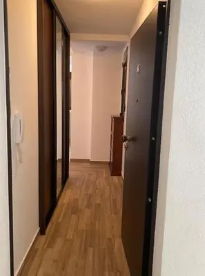 a hallway of an apartment with wooden floors and a door at Apartment in Becici in Becici