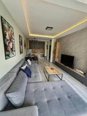 a living room with a couch and a television at eagles nest in Budva