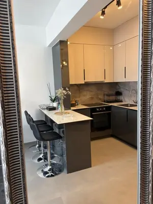 a kitchen with a large island with black appliances at Apollo 1 in Ulcinj