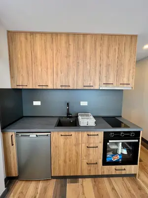 a kitchen with wooden cabinets and a sink and a dishwasher at Sea & Sky Apartments in Budva