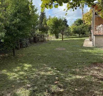 a yard with green grass and trees and a house at Summer house Kruce in Kruče