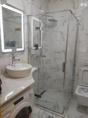 a bathroom with a shower and a sink and a toilet at Place Budva in Budva